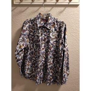 Alan Flusser Men's 100% Cotton Dress Shirt Blue Paisley Size Large Crisp EUC